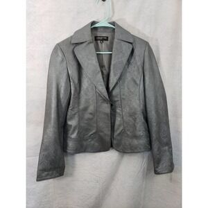 Jones New York Gray Leather jacket. Like new condition. Medium. floral embossing